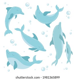 Flat set of blue dolphins on white background. Vector illustration with cute bubbles and jumping dolphins underwater.