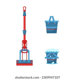 Flat set of blue and red mop and buckets on square background for banner or signboard