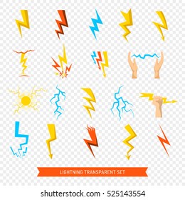 Flat set of bright colorful lightnings and fireball isolated on transparent background vector illustration