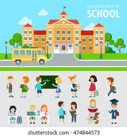 Flat set of bus, school, students, pupils, geek, nerd and wonk situations vector illustration. Education and knowledge, back to school concept. People icons collection.