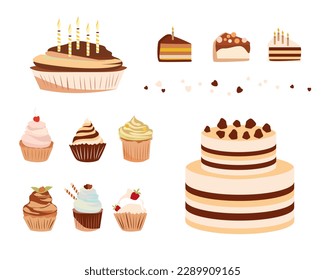 Flat set of cake. Colorful delicious desserts, birthday cakes with celebration candles and chocolate hearts. Birthday icons for design. Tasty sweet desserts isolated on white background. Greeting card