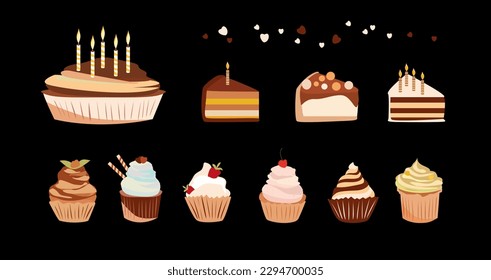 Flat set of cake. Colorful delicious desserts, birthday cakes with celebration candles and chocolate hearts. Birthday icons for design. Desserts on black background. Greeting card design elements.