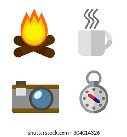 flat set for the campaign, a fire, a cup, a camera, a compass on a white background