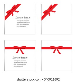 Flat set of cards with red gift bows, ribbons and text. Vector illustration.