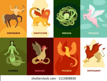 Flat set of cards with six various ancient mythical creatures on colorful background isolated vector illustration