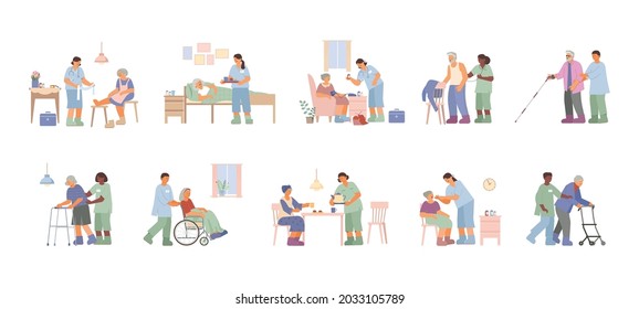 Flat set with caregivers and nurses taking care of elderly men and women isolated vector illustration