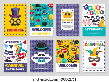 Flat Set Of Carnival Photo Booth Party Invitation Banners With Various Accessories For Masquerade Isolated Vector Illustration