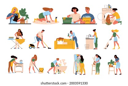 Flat set with characters cleaning up house doing laundry cooking ironing mopping floor washing dishes bath mirror isolated vector illustration