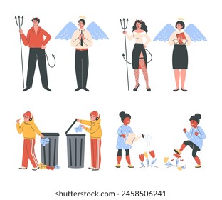 Flat set of characters on the theme of angels and devils, depicting good and bad deeds. Teenagers demonstrate correct and incorrect actions, perfect for isolated background images.