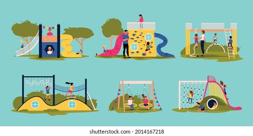 Flat set with children swinging climbing playing riding scooter on kids playground isolated on color background vector illustration
