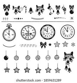 Flat set of Christmas decorations isolated on white background. Templates for holiday decoration star, bell, sock, watch, beads, bow, candy and border. Vector.