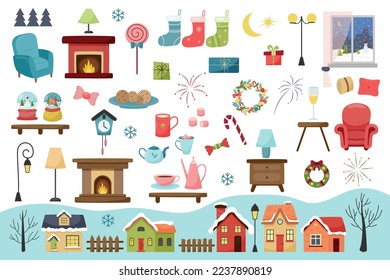 Flat set of christmas elements. Houses, armchair, fireplace, dishes, window, lollipop, gifts, wreath, champagne