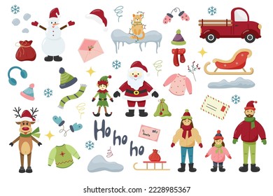 Flat set of christmas elements. Santa Claus, elf, deer, snowman, family, cat, car, sledge, clothes