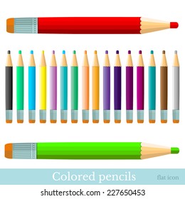 flat set of color pencils  red green violet yellow blue black brown orange grey