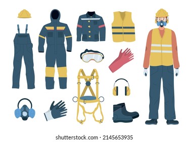 Conjunto plano de color equipo de protección personal y trabajador masculino que lleva gafas respiratorias de casco chaleco ilustración vectorial aislada