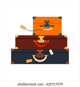 Flat set color trip suitcases for tourism vacation, with travelers stickers isolated on white background - vector stock illustration.