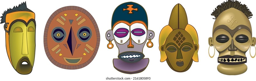 Flat set of colorful african ethnic tribal ritual masks in various shapes isolated on white background vector illustration.