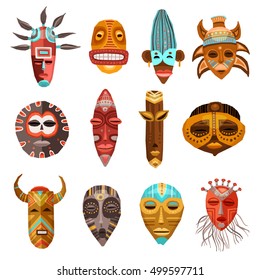 Conjunto plano de coloridas máscaras tribales étnicas africanas de diferentes formas aisladas en ilustración vectorial de fondo blanco