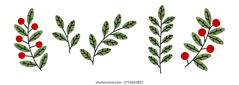 Flat set of colorful decorative branches with red berries and leaves. Simple botanical collection element great for creating seasonal greeting cards, tags, labels, patterns, and decorative designs