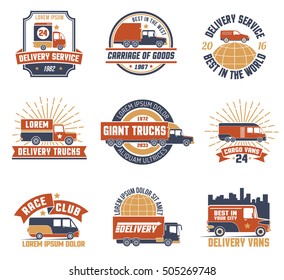 Flat set of colorful logos and emblems for different delivery services isolated on white background vector illustration