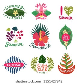 Flat set of colorful summer emblems with different tropical plants isolated on white background vector illustration