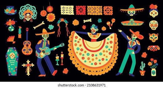 Flat set with colorful symbols of dead day mexican holiday isolated on black background vector illustration