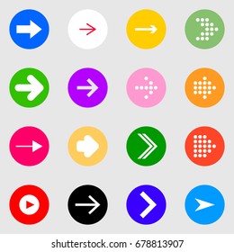 Flat set of the colorfull arrows on light background. Simple vector illustration of color elements for web. Set of the symbols icon for navigation. Arrow icons isolated in a circle.