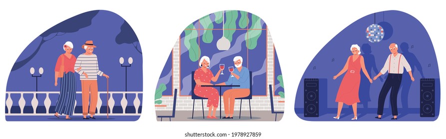 Flat set of compositions with elderly people walking drinking wine and dancing at party isolated vector illustration