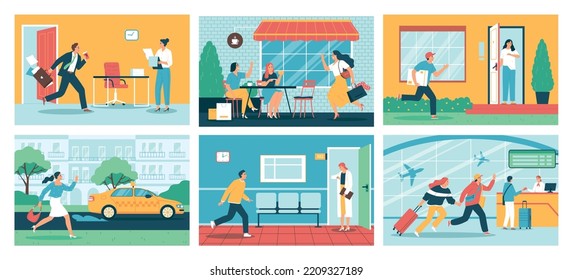 Flat set of compositions with people being late for work flight taxi appointment isolated vector illustration