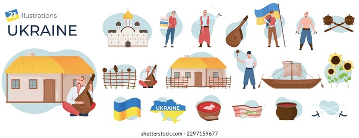 Flat set of compositions with ukraine symbols flag buildings people cuisine isolated on white background vector illustration