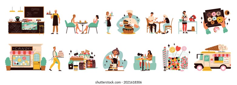 Flat set with confectionery workers candy shop building ice cream van and people eating desserts isolated vector illustration