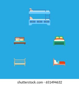Flat  Set Of Cot, Bearings, Hostel And Other Vector Objects. Also Includes Cot, Bedding, Furniture Elements.