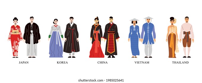 Flat set with couples of men and women from asian countries wearing national traditional clothes isolated vector illustration