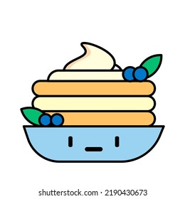 flat set of cute blueberry pancake illustrations layered in a pretty plate with leaves, blackberries and cute eyes. suitable for the needs of sweet food products, blueberry pancakes