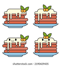 conjunto plano de lindas ilustraciones de panqueques en 4 estilos con hojas, fruta y ojos lindos. apto para panqueques, panadería, pastelería y productos dulces patrón