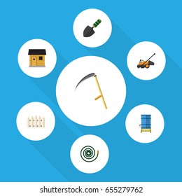 Flat  Set Of Cutter, Lawn Mower, Stabling And Other Vector Objects. Also Includes Fence, Shovel, Hose Elements.