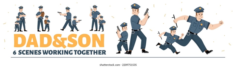 Flat Set Of Dad And Son Playing Police Officers Together. Vector Illustration Of Active Father And Child Wearing Cop Uniform, Aiming Gun, Speaking In Walkie-talkie, Running With Baton And Handcuffs