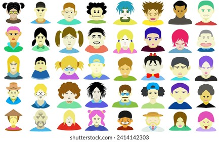 A flat set design illustration of various facial characters. Perfect for poster elements, books, stickers, comics, wallpapers, advertisements, banners