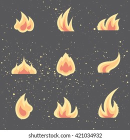 Flat set of different fire and flame isolated vector icons and shapes, for danger concept or logo design