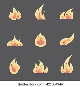 Flat set of different fire and flame isolated vector icons and shapes, for danger concept or logo design