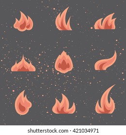 Flat set of different fire and flame isolated vector icons and shapes, for danger concept or logo design