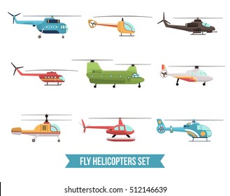 Flat set of different flying colorful helicopters isolated on white background vector illustration