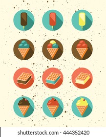 Flat set of different ice-cream icons. 
Funny and cute vintage colors sundae pictogram collection, retro style poster