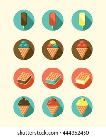 Flat set of different ice-cream icons. 
Funny and cute vintage colors sundae pictogram collection, retro style poster