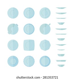 Flat set of different icons plates top and side views isolated on white background. Abstract illustration of empty dishes. Tableware icon set.