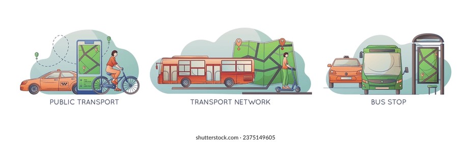 Conjunto plano con diferentes tipos de tarjetas de transporte público de viaje aplicación móvil parada señales de carretera y ilustración vectorial de los pasajeros