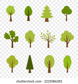 Flat Set Of Different Trees With Flat Design. It can be used to illustrate any nature or healthy lifestyle topic. Vector drawing on transparent background