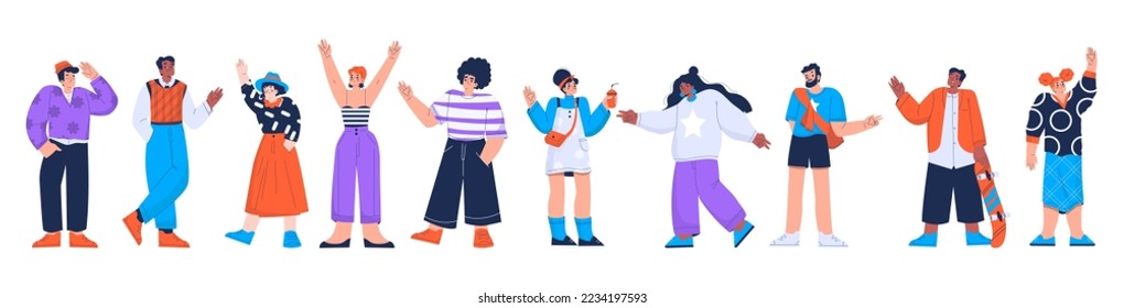 Flat set of diverse people isolated on white background. Vector illustration of male and female characters wearing modern casual clothes standing in line, smiling, waving hands, showing victory sign
