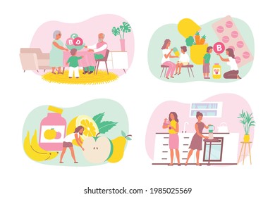 Flat Set With Elderly People Men Women And Children Taking Vitamins Isolated Vector Illustration 