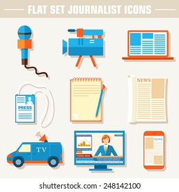 Flat set of equipment for journalism background concept. Vector illustration